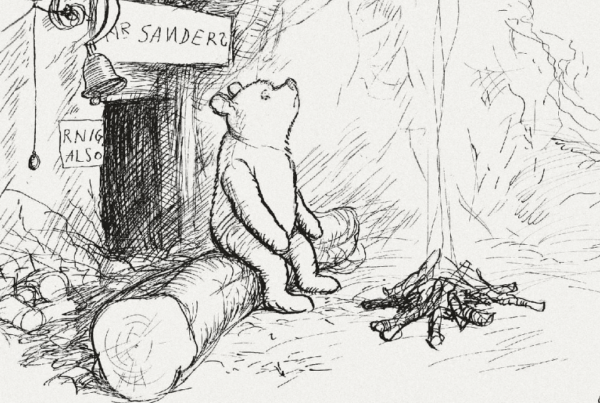 a drawing of a bear sitting in front of a sign