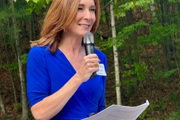 a woman in a blue dress holding a microphone